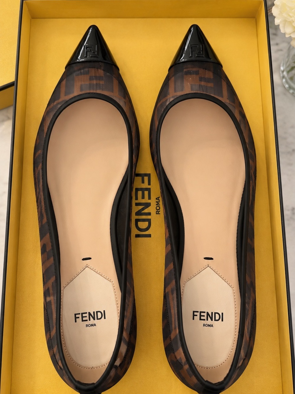 Fendi Brown & Black FF Logo Pointed Toe Flats